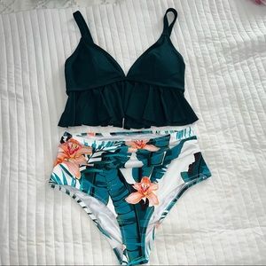 Green And Floral Ruffle Plus Size Bikini